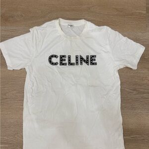 CELINE 750$ T-Shirt With Rhinestone-Studded Logo Print In White Cotton Jersey Sm